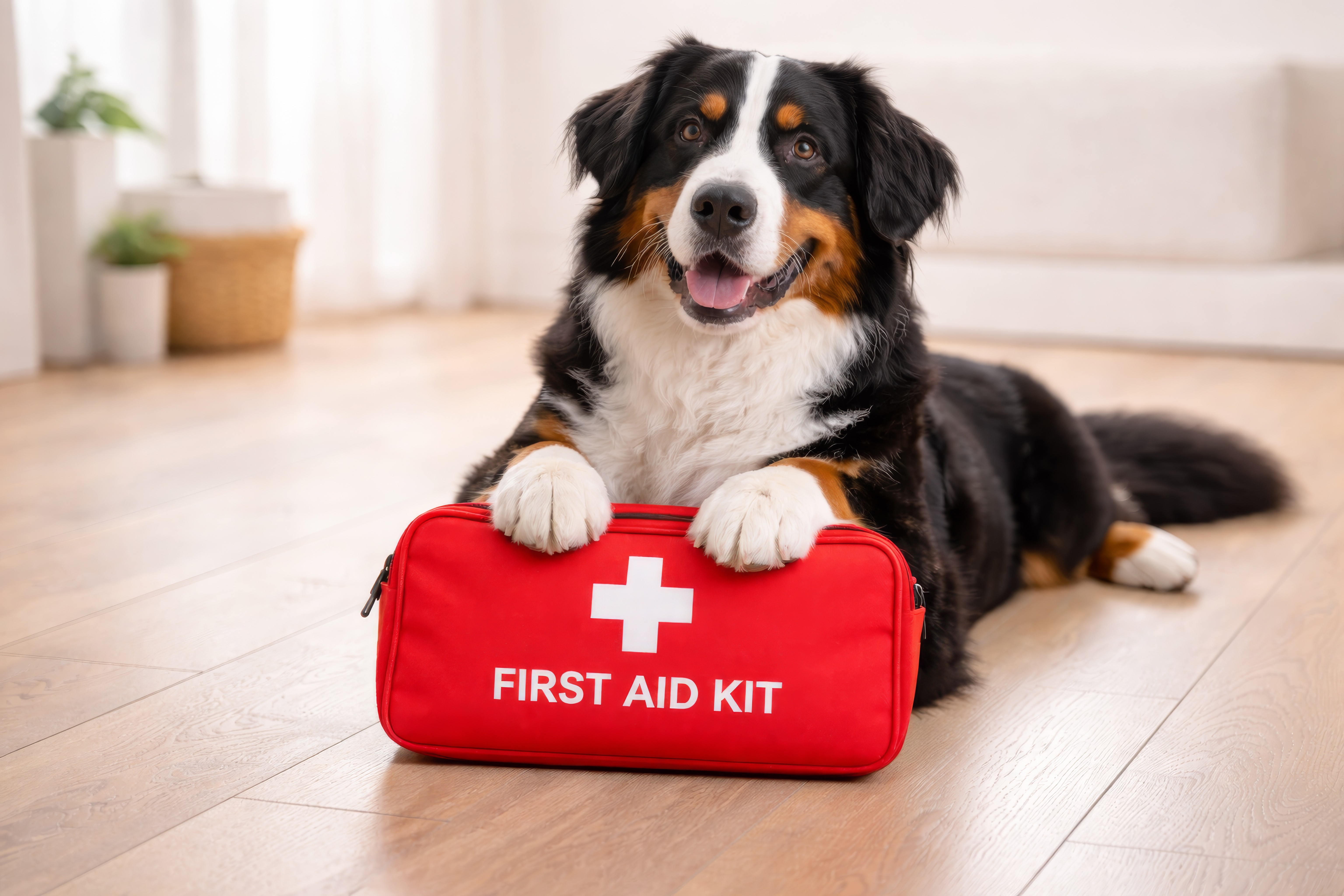 Dog with paws on first aid kit.